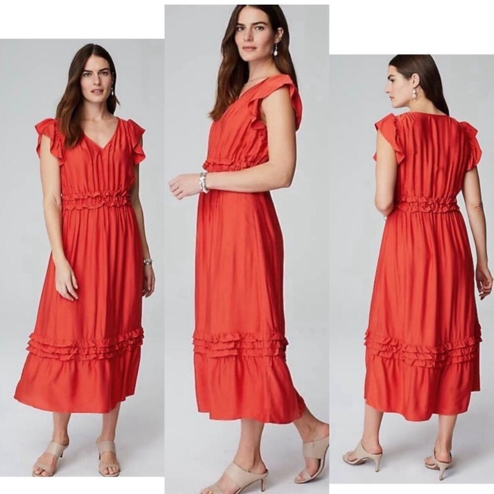 J.Jill Elevated Ruffle-trimmed Midi Dress in Persimmon